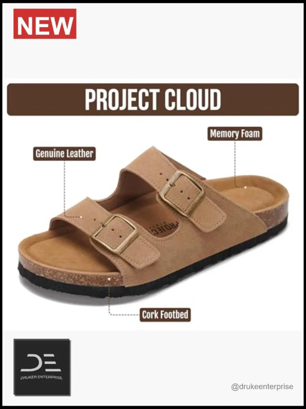Genuine Leather Slide Sandals with Memory Foam Cork Footbed Arch Support